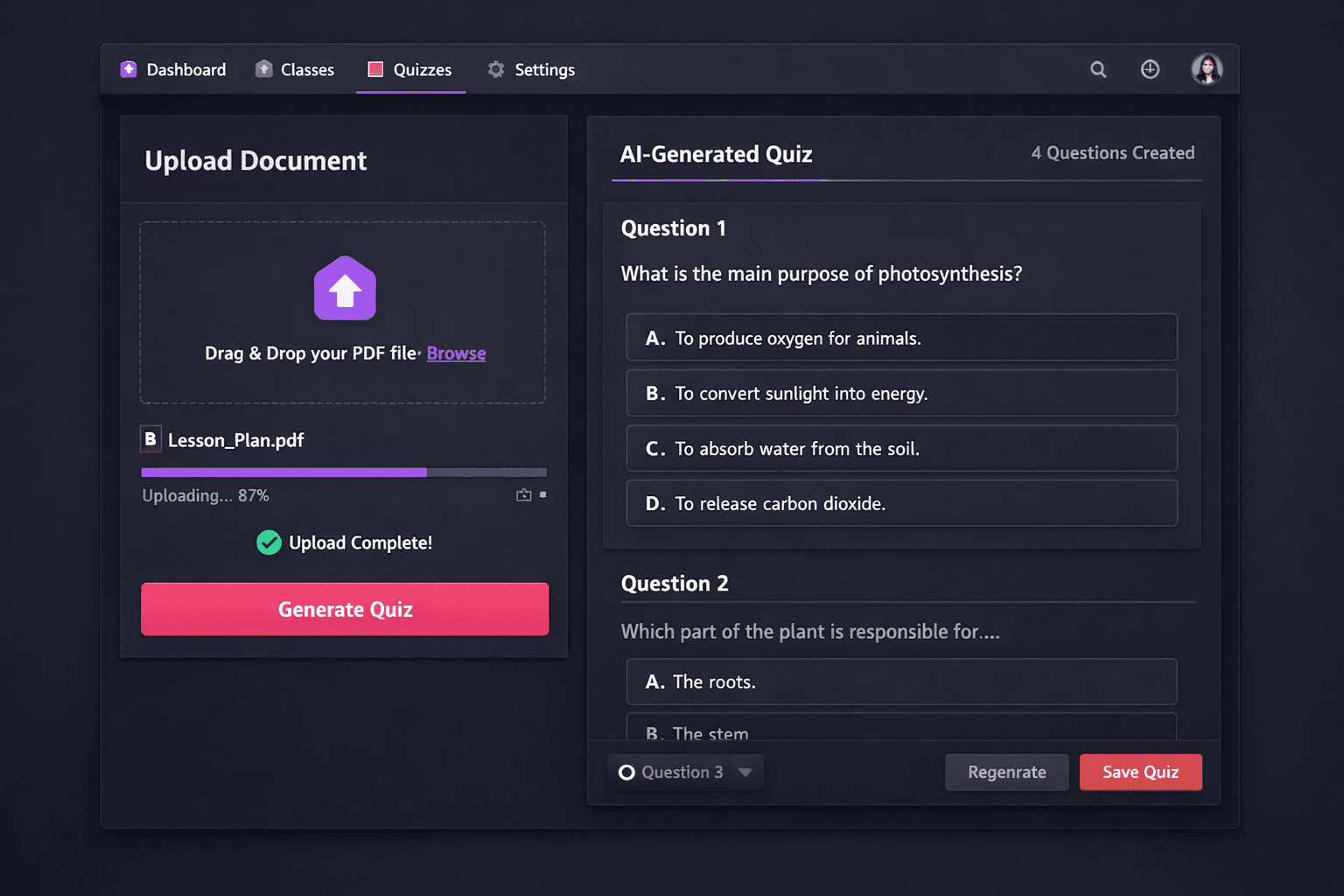 Knowbotic educator dashboard showing quiz generation and student analytics