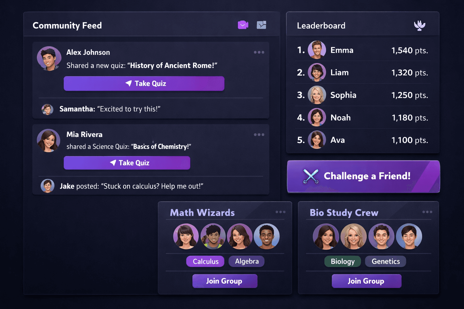 Community features showing study groups and quiz sharing