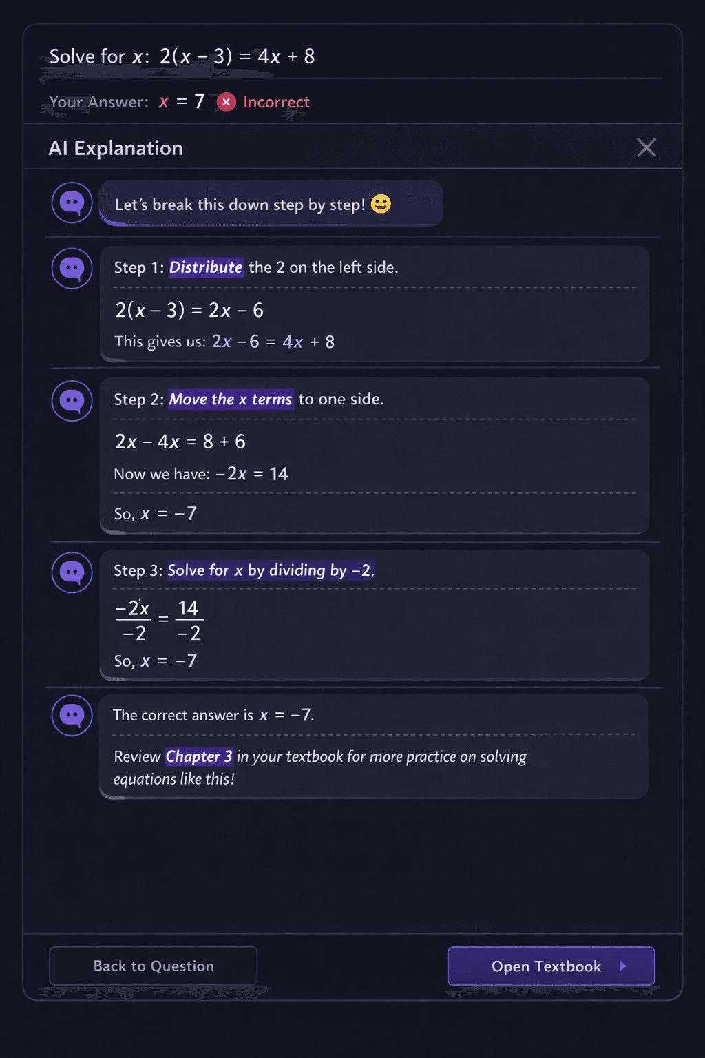 AI-powered explanations showing step-by-step reasoning for wrong answers