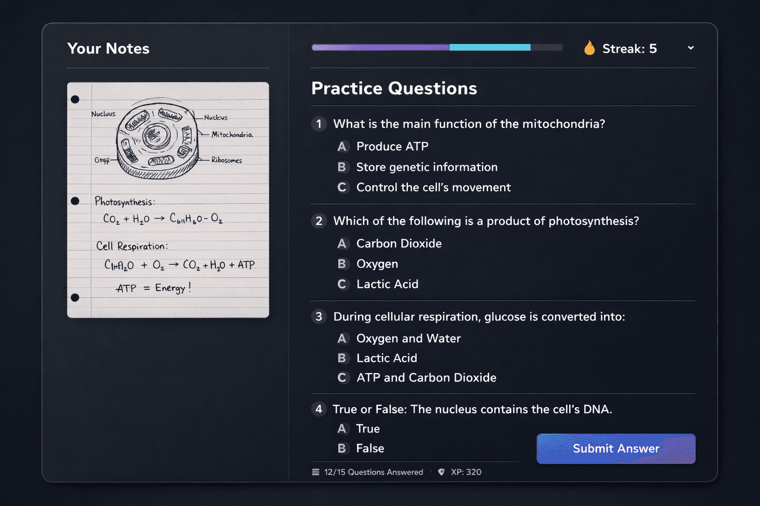 Knowbotic learner experience showing AI-powered practice questions and progress tracking